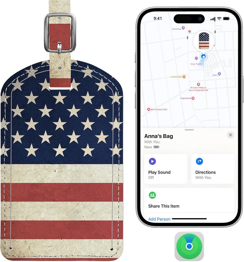 LifeChé Luggage Tags Built-in Anti-Loss Tracker, Luxury Leather Luggage Tags for Suitcase, Travel Bags, Backpacks, Travel Organizer for Lost Baggage Prevention (US Flag) - Image 1
